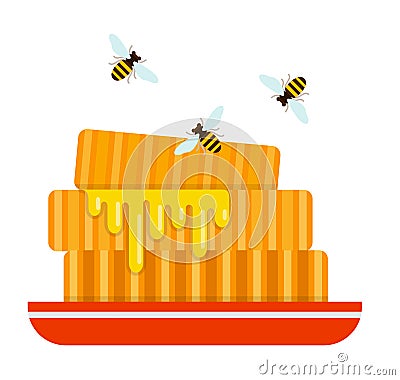 Pieces of honeycomb with flying bees around flat isolated Vector Illustration