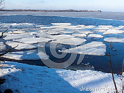 Pieces of Ice on river in the spring time Stock Photo