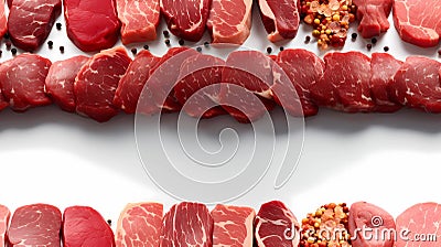 Pieces of meat, beef, steaks in a row, horizontal. Seamless pattern, realistic bright illustration. Empty space for text. Business Cartoon Illustration