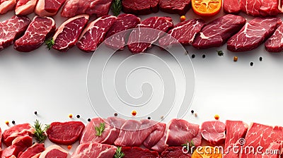 Pieces of meat, beef, steaks in a row, horizontal. Seamless pattern, realistic bright illustration. Empty space for text. Business Cartoon Illustration