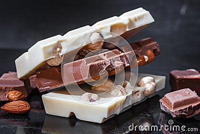 Pieces of milk chocolate with almonds and tiles of white chocolate with hazelnuts on a dark old glossy background Stock Photo