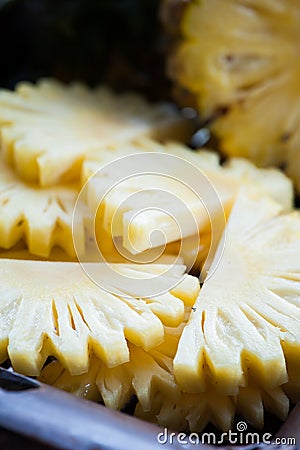 Pieces of pineapple macro. Juicy, ripe pineapple flesh, natural conditions. Stock Photo