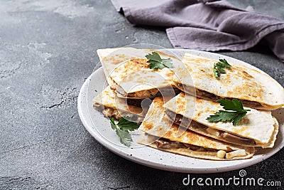 Pieces of quesadilla with mushrooms sour cream and cheese on a plate with parsley leaves. Concrete background copy space Stock Photo