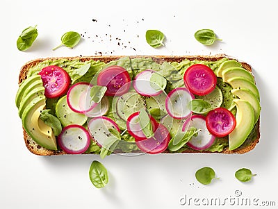 Pieces of radishes on a rectangular slice of bread spread with avocado cream Stock Photo