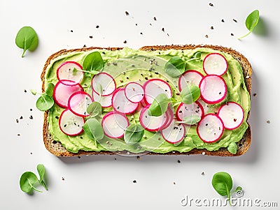 Pieces of radishes on a rectangular slice of bread spread with avocado cream Stock Photo