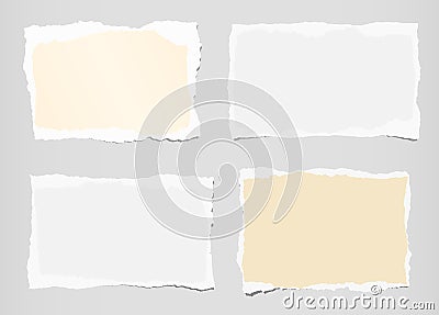 Pieces of ripped brown, white blank notebook paper are stuck on gray wall Vector Illustration
