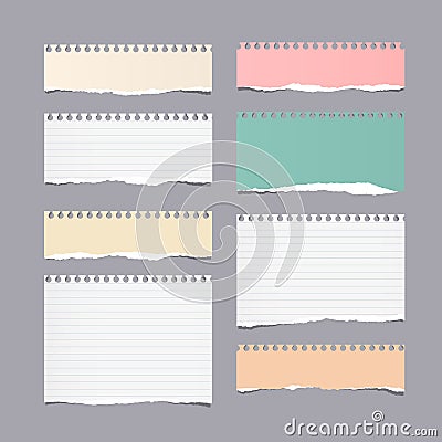 Pieces of ripped different size colorful note, notebook, copybook paper sheets Vector Illustration