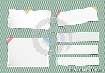 Pieces of ripped white note, notebook, copybook paper sheets stuck with colorful sticky tape on squared green background Vector Illustration