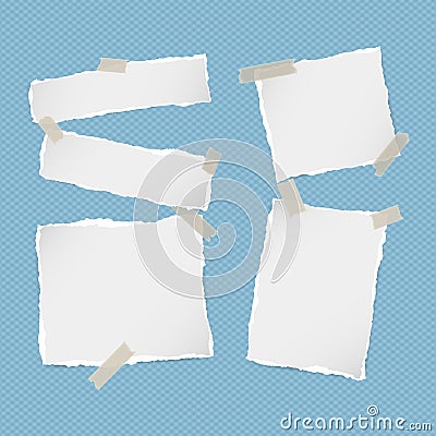 Pieces of ripped white note, notebook, copybook paper strips stuck with sticky tape on squared blue background. Vector Illustration