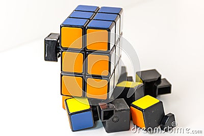 Pieces of Rubik`s Cube 3D puzzle cube for problem solving Editorial Stock Photo