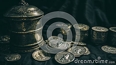 30 pieces of silver - a payment to Judas Iscariot from the Jewish chief priests for betraying Jesus Christ, Bible Stock Photo