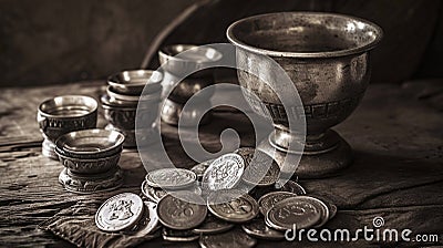 30 pieces of silver - a payment to Judas Iscariot from the Jewish chief priests for betraying Jesus Christ, Bible Stock Photo