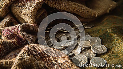 30 pieces of silver - a payment to Judas Iscariot from the Jewish chief priests for betraying Jesus Christ, Bible Stock Photo