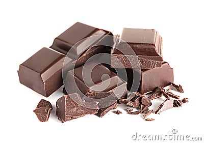 Pieces of tasty dark chocolate on white Stock Photo