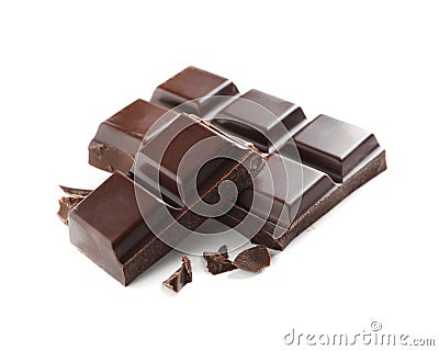 Pieces of tasty dark chocolate on white Stock Photo