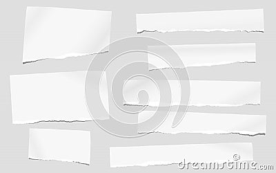 Pieces of torn white blank note, notebook paper for text stuck on striped gray background. Vector Illustration