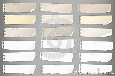 Pieces of torn white, brown blank note paper with adhesive tape Vector Illustration
