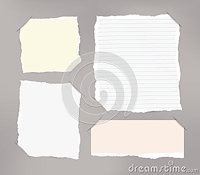 Pieces of torn white, pastel blank and ruled note copybook, notebook sheets inserted into cut paper Vector Illustration