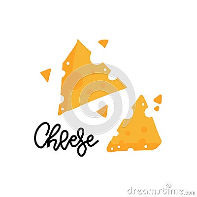 Pieces of yellow cheese with holes and lettering. Farm natural milk product. Doodle drawing of a food product isolated on white Vector Illustration