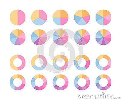 Piechart with segments and slices. Ring section template. Circular structure chart divided into multicolor segments Vector Illustration