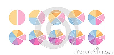 Piechart with segments. Slices section template. Circular structure chart divided into multicolor segments. Circle graph Vector Illustration