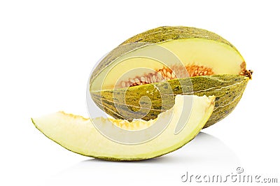 Piel de sapo green melon with slice isolated white Stock Photo