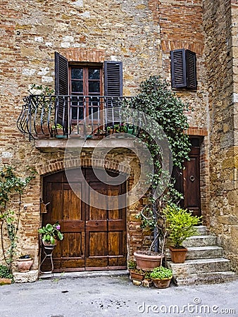 Pienza Village Tuscany Italy facade house Stock Photo