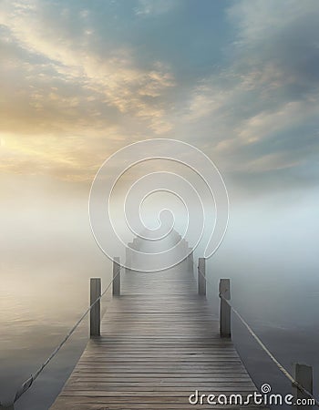 Pier going into the foggy sea or lake with moody sky at sunset Stock Photo