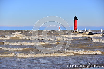 Large Waves at Kenosha Wisconsin Harbor Markers Stock Photo