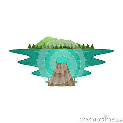 Pier Lake and River Pine Forest Mountain Landscape Vector Illustration