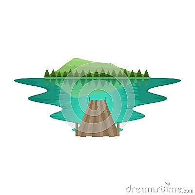 Pier Lake and River Pine Forest Mountain Landscape with Reflection Vector Illustration