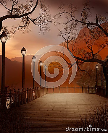 Pier with lanterns Stock Photo