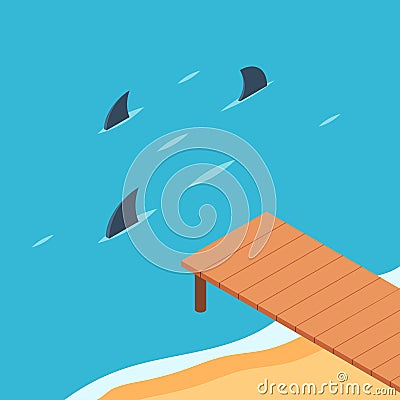 Pier by the ocean with shark Vector Illustration