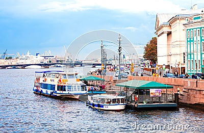 The pier for pleasure boats on the Neva river in St. Petersburg Editorial Stock Photo