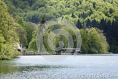 Pier seen from the lake in the Plitvice Lakes Nature Park, 295 square kilometer forest reserve located in central Croatia Stock Photo