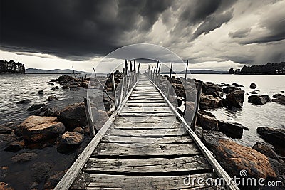 Pier solitude, Black and white portrayal of a serene fishing jetty scene Stock Photo