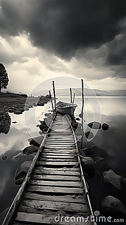 Pier solitude, Black and white portrayal of a serene fishing jetty scene Stock Photo