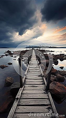 Pier solitude, Black and white portrayal of a serene fishing jetty scene Stock Photo