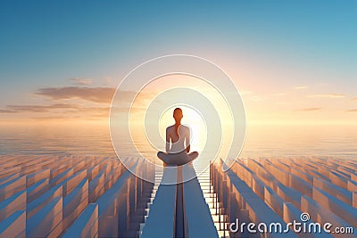 pier woman summer lifestyle meditation pose ocean sea fitness yoga young lotus. Generative AI. Stock Photo