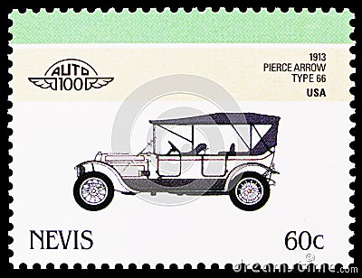 Pierce Arrow `Type 66`, 1913, technical drawing, Leaders of the World - Automobiles serie, circa 1986 Editorial Stock Photo