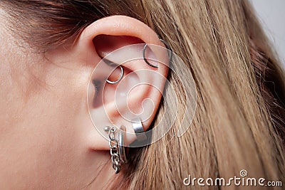 piercings on an ear. Conch and helix piercings close up. Stock Photo