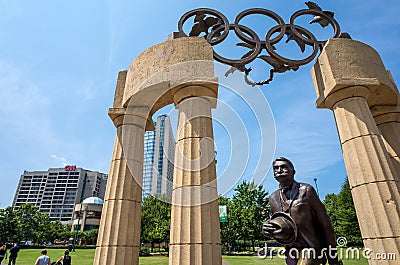 Pierre de Coubertin commemorative statue at Centennial Olympic P Editorial Stock Photo