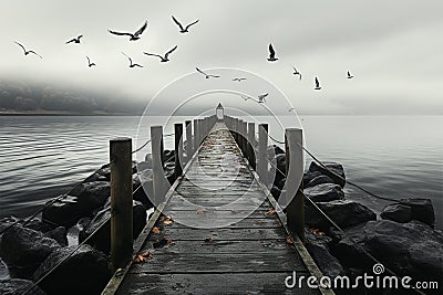 Piers grace, Monochromatic portrayal of a fishing jetty, quiet and contemplative Stock Photo