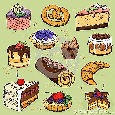 Pies and flour products for bakery, pastry Vector Illustration