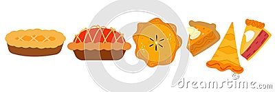 Pies Vector Illustration.Thanksgiving and Holiday Pumpkin Pie Vector Illustration