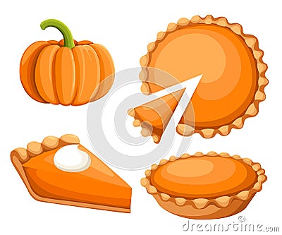 Pies Vector Illustration.Thanksgiving and Holiday Pumpkin Pie. Happy Thanksgiving Day traditional pumpkin pie with whipped cream o Stock Photo