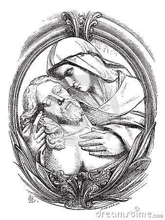 A pieta is the Hospice of Genoa, a medallion attribute Michelangelo. Drawing Chevignard, vintage engraving Vector Illustration