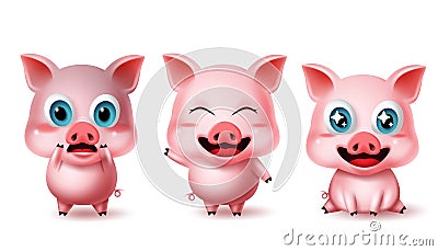 Pig animal characters vector set. Pigs character 3d avatar emoji in surprise, happy, excited, standing. Vector Illustration