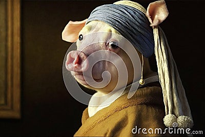Pig Animal with a Pearl Earring in Johannes Vermeer style illustration generative ai Cartoon Illustration