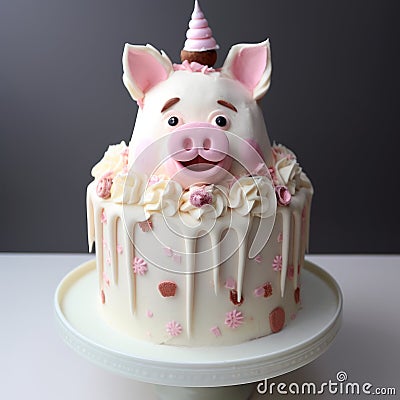 Adorable Pig Cake: A Delightful Treat With Drips And Splatters Stock Photo